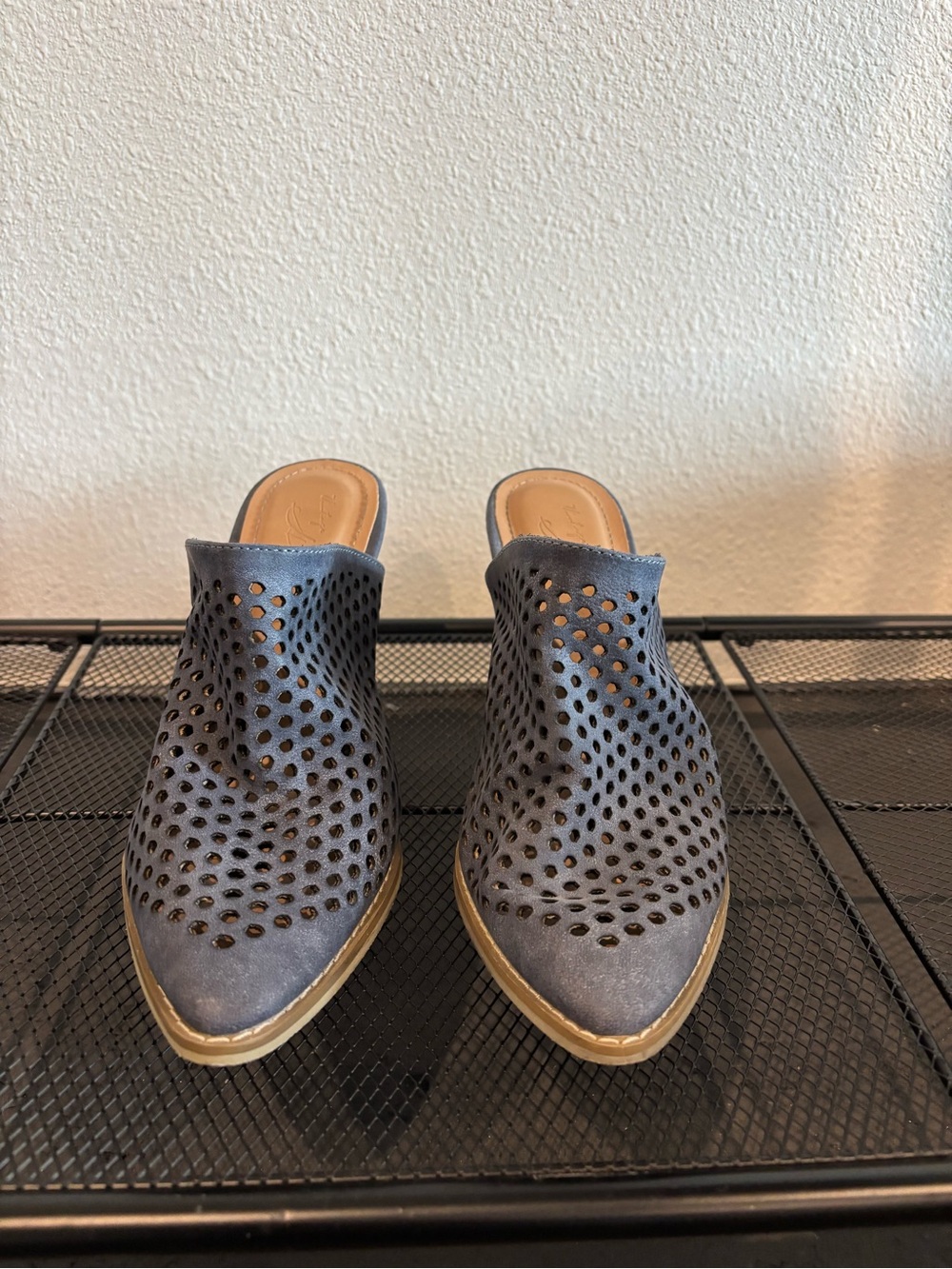 Perforated Slip-On Mules in Slate Blue